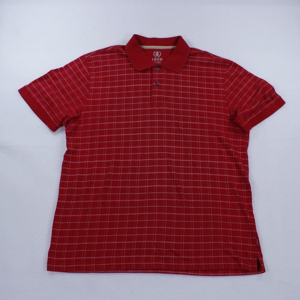 IZOD Heritage Polo Shirt Red Checked Windowpane Men's Size L 100% Cotton